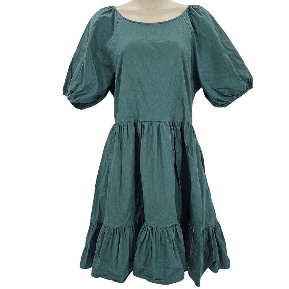 Peter Som Woman size 12 Green Puff Sleeve Mini Dress Tie Back Ruffle Hem Pockets